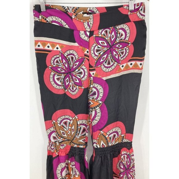 bebe Women Pants Size 6 Silk Smocked Bell Pant Black Pink Floral Flare New B60 - Picture 2 of 6